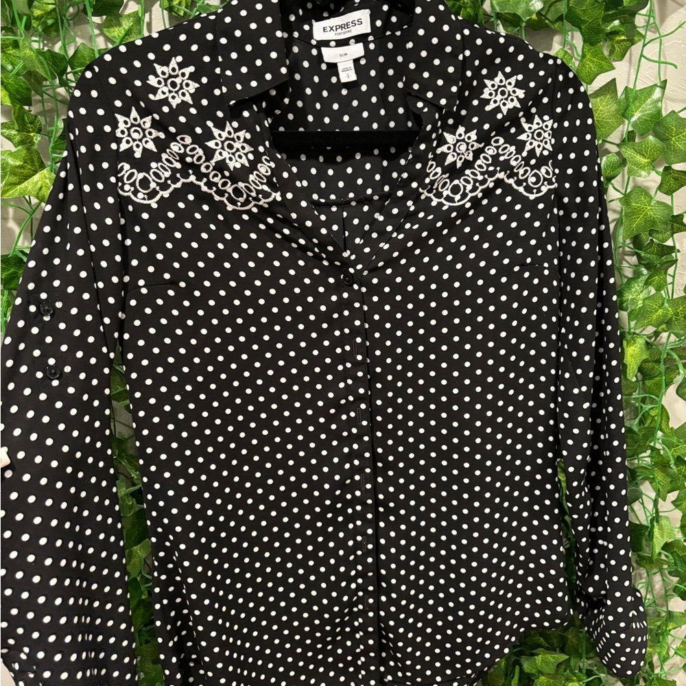 Express Black and White Polka Dot Embroidered Shirt